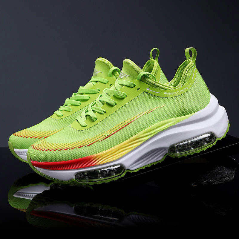 Neon Green Carbon Fiber Mesh Sneakers with Rainbow Gradient Design and Double air Cushioned Sole for Shock Absorbing comfort