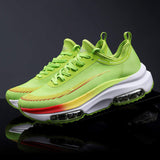 Neon Green Carbon Fiber Mesh Sneakers with Rainbow Gradient Design and Double air Cushioned Sole for Shock Absorbing comfort