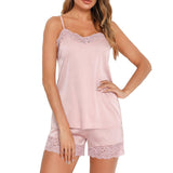 Hot Sale 2-Piece Lace Silk Satin Elastic Waist Summer Sleepwear Pajamas for Women with Front