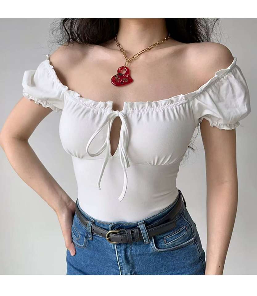 French Style Sweet and Spicy Square Collar Bubble Short-sleeved T-shirt Women's Summer Sexy Slim-fit Chic Short Top