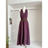 Women V Neck Halter Sleeveless Midi Dress With Matching Belt Solid A-Line Flowy Long Sundress Casual Elegant Ladies Dress