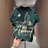 2026 Summer Men's White 230g Cotton T-shirt Butterfly Print with Colorful Beads Oversized Streetwear Tee