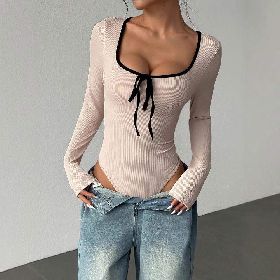 Hot-selling Gentle square Collar Fashion Jumpsuit Bow Long Sleeve Women's Jumpsuit
