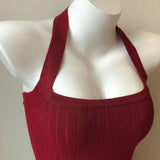 Women Ribbed Knit Halter Camisole Top Back Tie Bow Backless Slim Crop Tank Top Sexy Wine Red Sleeveless Vest for Daily Wear