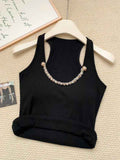 Ribbed Knit U Neck Crystal Beaded Racerback Tank Top Women Sleeveless Padded Slim Fit Camisole