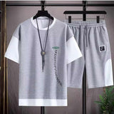 Men Faux Two Layer Casual Sports Tracksuit Fashion Patchwork Short Sleeve T Shirt Shorts Matching Outfit Set