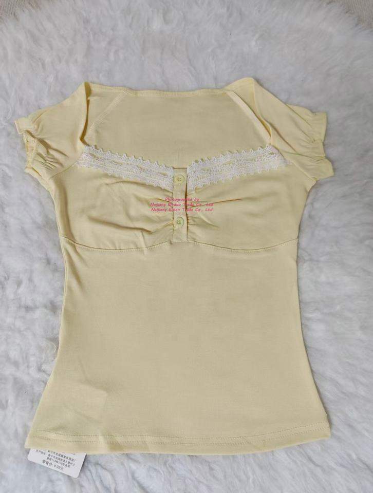 French Style Yellow Lace Patchwork Button-down T-shirt Women's New Sexy Sweet Spicy Slim Fit Short Top