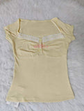 French Style Yellow Lace Patchwork Button-down T-shirt Women's New Sexy Sweet Spicy Slim Fit Short Top