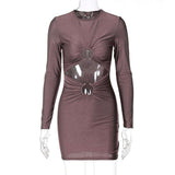 Long Sleeve Double Hollow Out Mini Dress Women Metal Ring Ruched Waist Bodycon Night Club Figure Hugging Stretch Short Dress