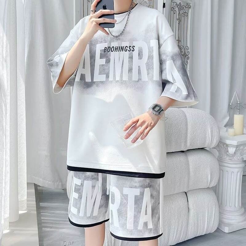 Unisex Japanese Minimalist Two-Piece Outfit, Casual 3/4 Sleeve Tee & Knee Length Shorts, Summer Versatile Matching Set for Youth