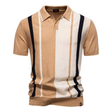 Men Color Block Vertical Stripe Knitted Polo Shirt Short Sleeve Slim Fit Casual Top