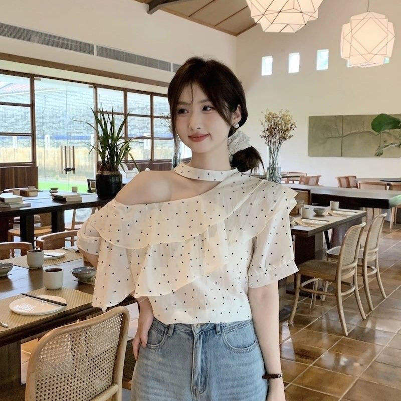New Arrival Women's Halter Off-Shoulder T-shirt with Polka Dot Ruffle Women's Short Sleeve Top