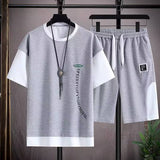 Men Faux Two Layer Casual Sports Tracksuit Fashion Patchwork Short Sleeve T Shirt Shorts Matching Outfit Set