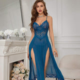 New Sexy Women's Lace Mesh Split Maxi Dress Set Nightwear