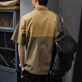 Men Color Block Cargo Pocket Polo Shirt Half Zip Collar Short Sleeve Loose Casual Workwear T Shirt