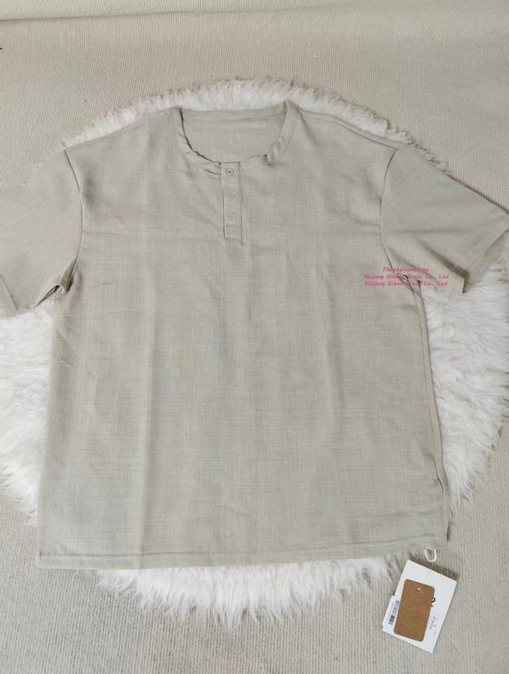 Men Solid Textured Stand Collar Henley Short Sleeve Shirt Loose Minimalist Casual Summer Blouse