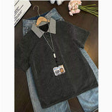 Men Contrast Houndstooth Collar Textured Short Sleeve Polo Shirt Loose Waffle Knit Casual Summer Top