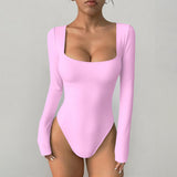 Women Solid Square Neck Long Sleeve Bodysuit Slim Fit High Cut Basic Bodycon Jumpsuit Ladies Daily Layering Top