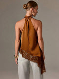 Women Satin Cowl Halter Neck Blouse Asymmetric Irregular Hem Lace Trim Sleeveless Elegant Daily Tank Top