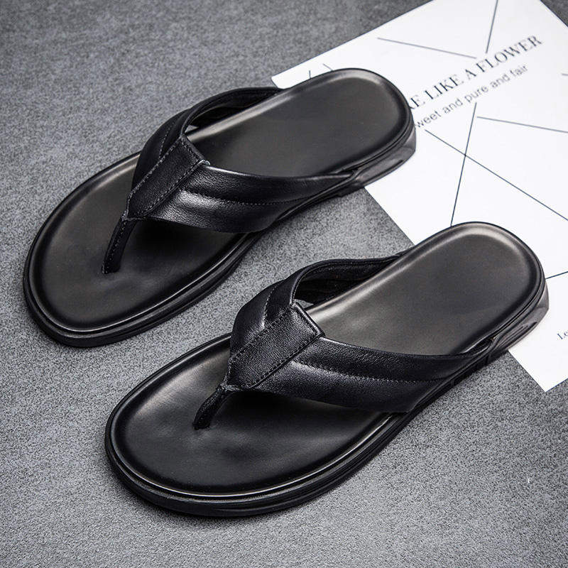 Spring Anti Slippery Style Real Cowhide Material Full Grain Leather Men Summer Beach Casual Slipper Flip-Flops Outdoor