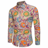 Men Paisley Print Long Sleeve Shirt Slim Fit Vintage Floral Pattern Button Shirt