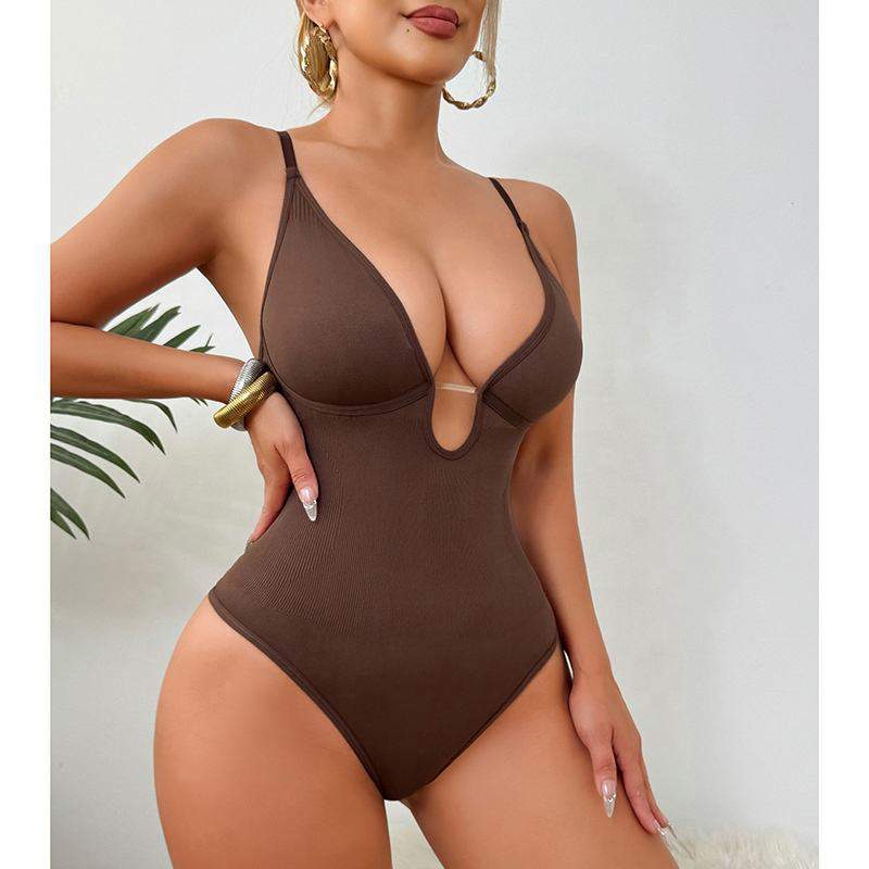 Women's Deep V Neck Sexy Bodysuit - High-Waisted Tummy Control Crotchless Thong Design