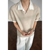 Men Contrast Cuff Lapel Textured Short Sleeve Polo Shirt Loose Vintage Neutral Tone Casual Summer Top