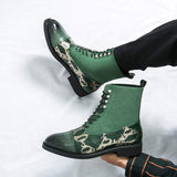 Pointed Toe Green Snake Pattern Classic Designers Good Quality Fashion Durable Dress Shoes Men Ankle Boots