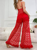 New European & American Cross-border Sexy , Women's Sheer Mesh Camisole See-through Heart Pattern Nightwear Loungewear