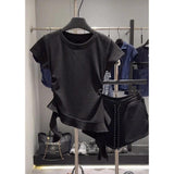 Korean Hot Girl Short Sleeve Tee, Round Neck Regular Shoulder, Irregular Ruffled Stylish Top