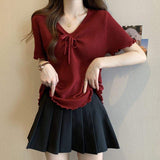 2026 Korean Summer Women Ribbed T-shirt V Neck Drawstring Short Sleeve Top Ruffle Cuff Slim Fit Casual Knitted Tee Shirts