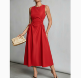 Women Sleeveless Round Neck Satin Midi Dress Side Drawstring Ruched Waist Elegant Party Wedding Guest Dress