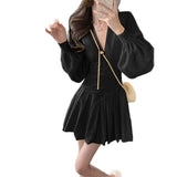 New Yellow V Neck Long Sleeve Mini Dress Waist Ruched Pleated A-Line Casual Dress for Women
