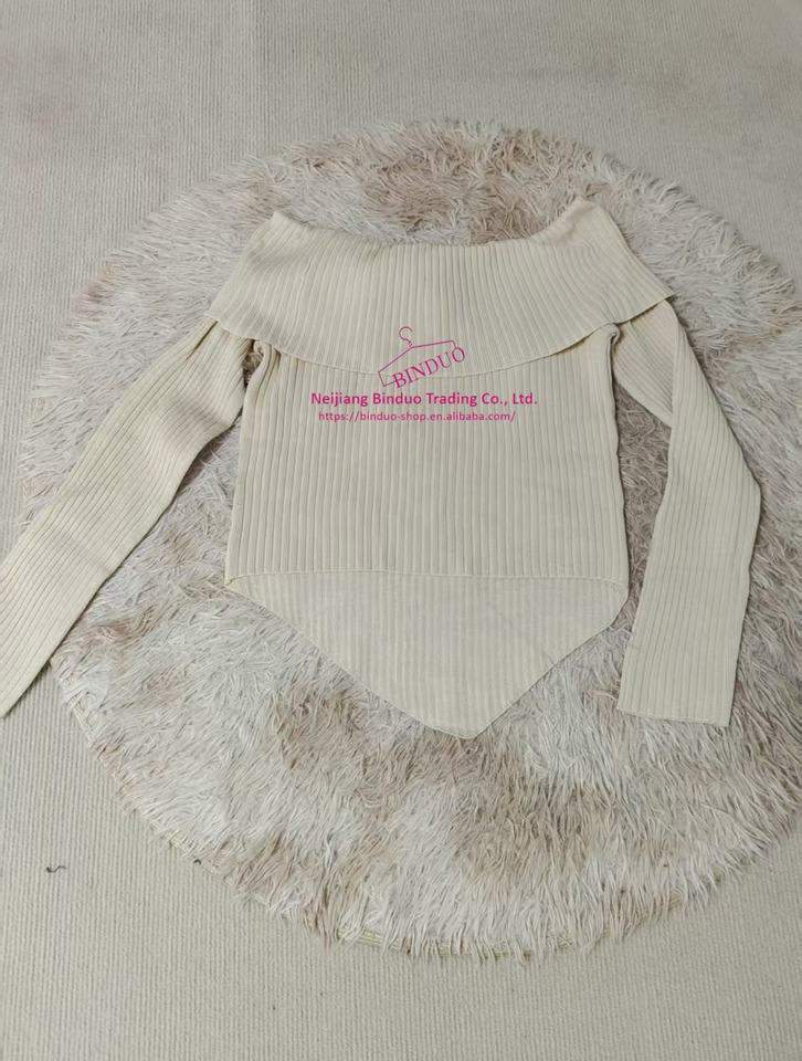 Straight Shoulder Long Sleeve Base Shirt Irregularity Long-sleeved Top Bow Long Sleeve Knit Base