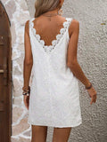 Women Eyelet Embroidery Sleeveless Mini Dress V Neck Lace Strap Casual Summer Beach Shift Dress