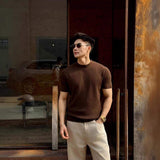 Men Vertical Rib Knit Half Short Sleeve T Shirt Slim Fit Solid Color Soft Knitted Tops for Business Daily Wear