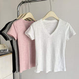 Glub Cotton Elegant High-end Short-sleeved T-shirt Women's Summer Slim-fit Korean-style Base Shirt V-neck Half-sleeve T-shirt