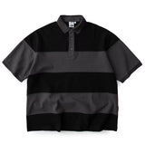 Men Striped Color Block Polo Shirt Button Collar Oversized Short Sleeve Casual Streetwear T Shirt