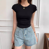 Crew Neck Side Ruched Short Sleeve T Shirt Women Stretch Slim Fit Basic Cropped Blouse