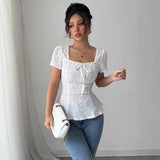 2026 New Arrival Women's Lace T-shirt with Square Neck & Peplum Hem