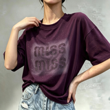 Women Gradient Full Rhinestone Reversed Letter Short Sleeve T Shirt Oversized Loose Sparkle Diamond Soft Casual Graphic Tee Tops