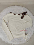 Korean Style Plaid Bow Knit Top Women's Slim Fit Long Sleeve Off Shoulder Casual Top with Side Drawstring