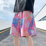 Men Quick Dry Tropical Leaf Print Beach Shorts Elastic Waist Drawstring Casual Board Shorts for Summer Vacation