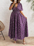 Plus Size Women Ditsy Floral Print V Neck Puff Short Sleeve A-Line Maxi Dress Flowy Summer Sundress Ladies Casual Long Dress