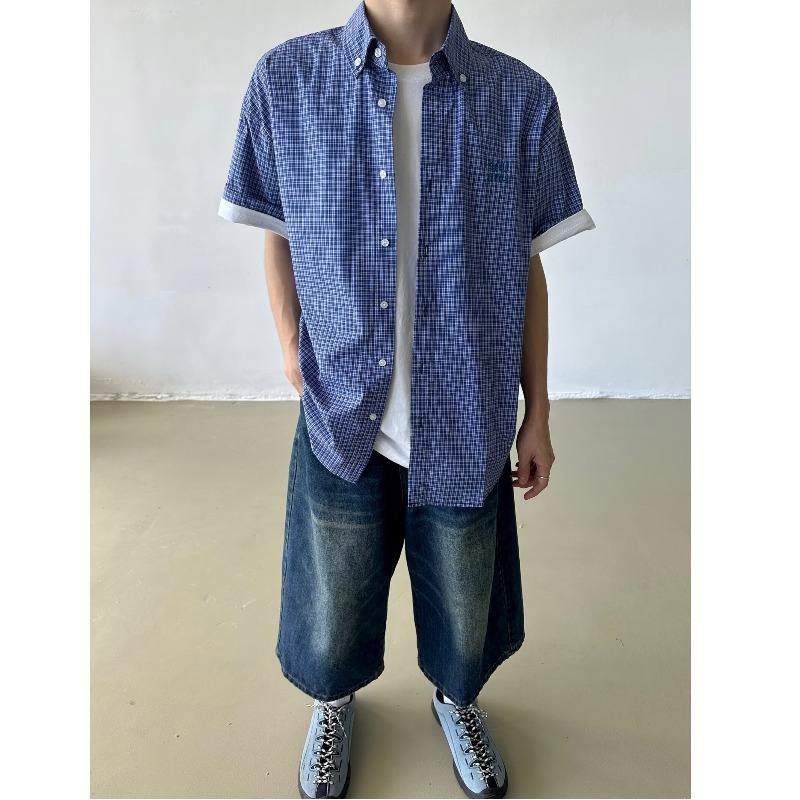 Vintage American Blue Plaid Short Sleeve Shirts for Men Women, Loose Fit Premium Versatile Layered Casual Shirt Jacket