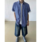 Vintage American Blue Plaid Short Sleeve Shirts for Men Women, Loose Fit Premium Versatile Layered Casual Shirt Jacket