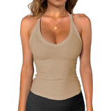 V Neck Halter Ribbed Tank Top Women Stretch Slim Yoga Sleeveless Fitness Camisole