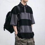Men Striped Color Block Polo Shirt Button Collar Oversized Short Sleeve Casual Streetwear T Shirt