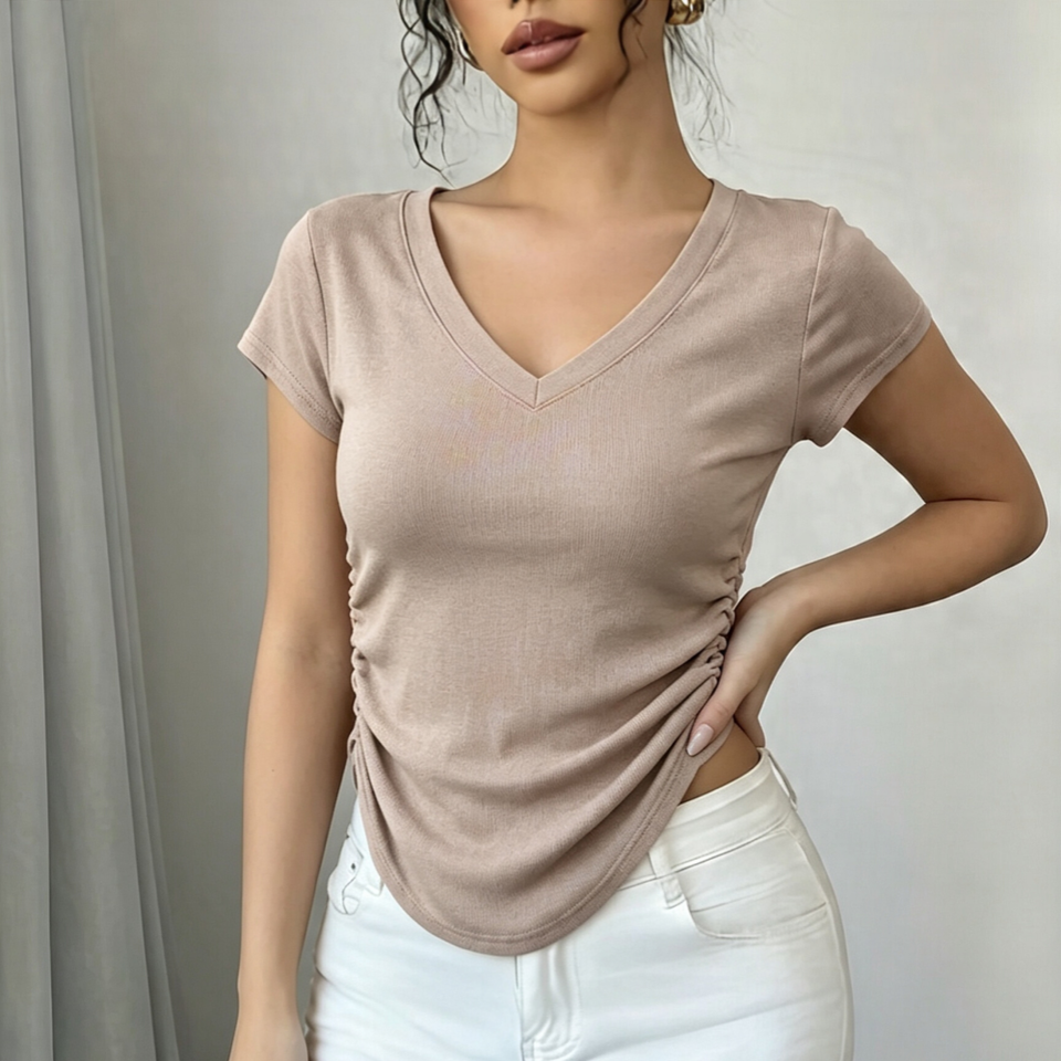 V Neck Side Drawstring Ruched Short Sleeve T Shirt Women Solid Slim Fit Basic Blouse