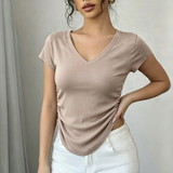 V Neck Side Drawstring Ruched Short Sleeve T Shirt Women Solid Slim Fit Basic Blouse